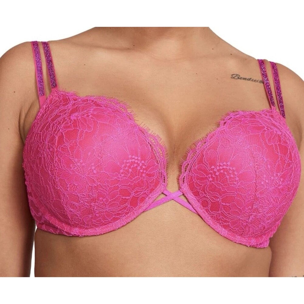 Victoria's Secret Bombshell Add 2 Cups Hot Pink w Pink Shine Straps Bra Size 34B